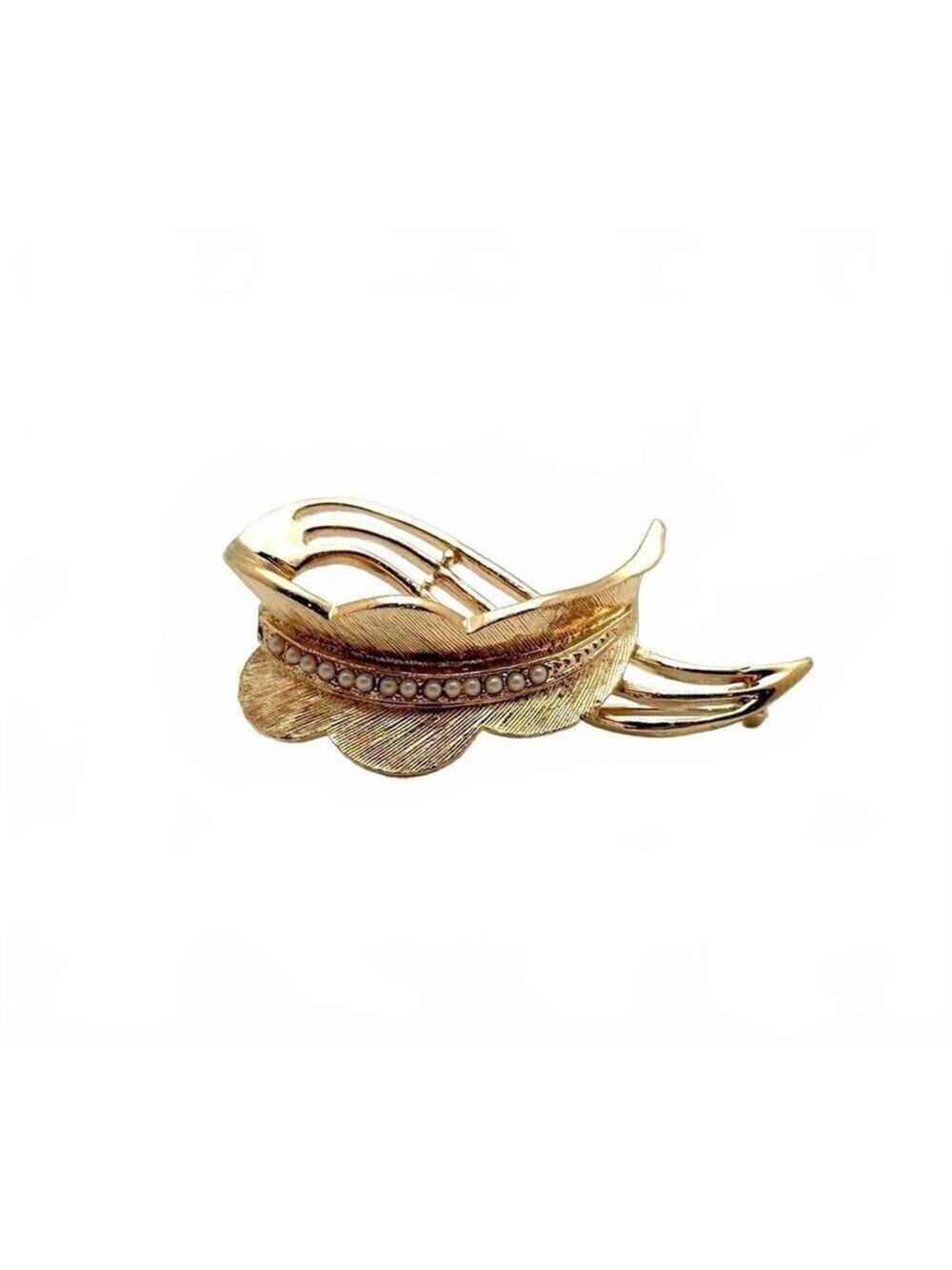 Vintage Gold Tone Leaf Brooch Faux Pearl Accent Feather Pin
